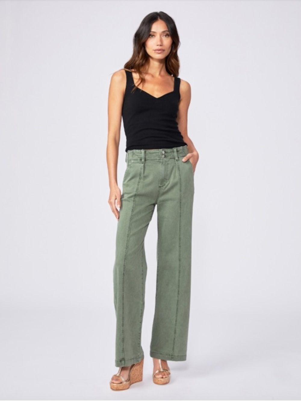 PAIGE Brooklyn High Rise Wide Leg Pants Vintage Ivy Green Stretch Size 30 EUC